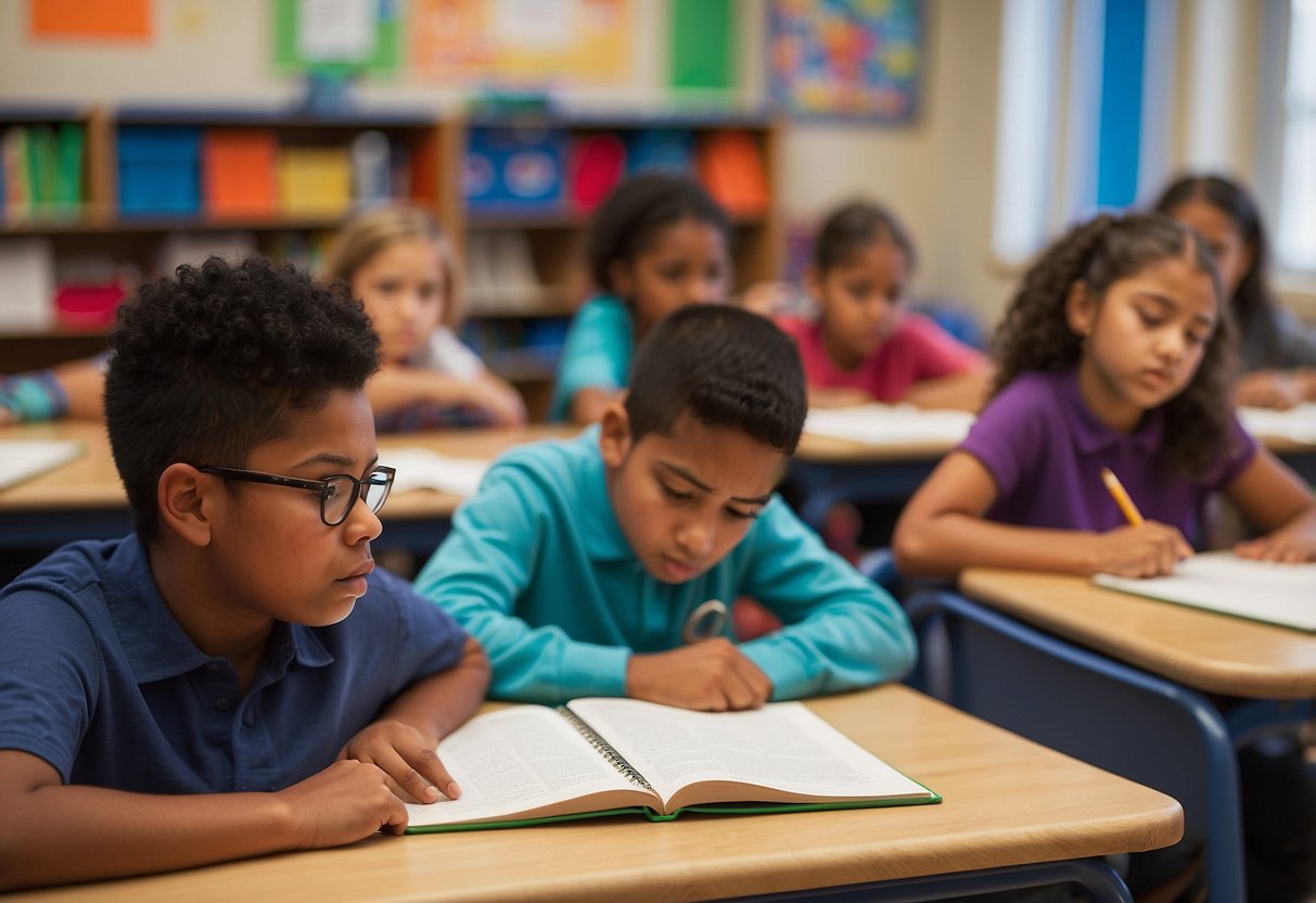 A classroom setting with diverse students struggling with reading, writing, and math. Some students show signs of developmental delays, while others exhibit specific learning disabilities. Materials and resources are tailored to support their individual needs