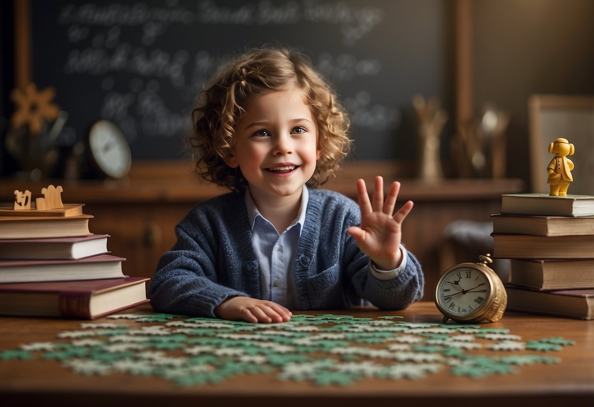 A child's puzzle with missing pieces, a clock displaying the wrong time, a book with upside-down pages, a confused teacher pointing at a chalkboard