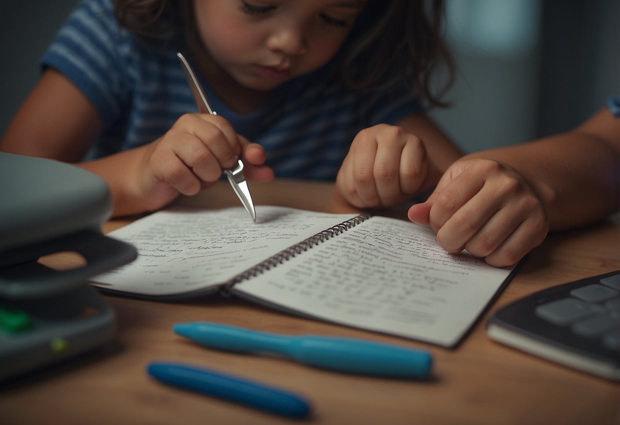 A child struggles to write, tie shoes, and use scissors. They also have difficulty with balance and coordination. Their frustration is evident as they attempt to complete simple tasks