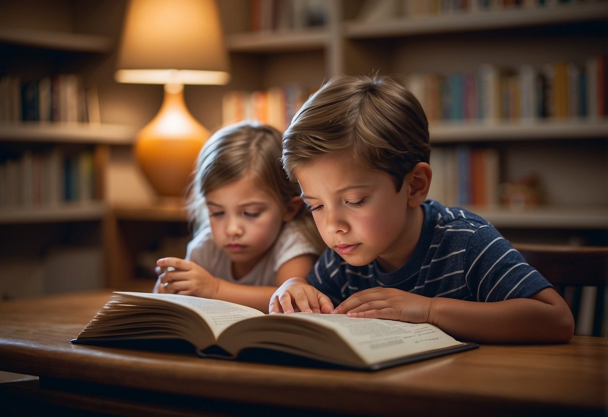 A child struggling with reading while another child is experiencing delays in speech and motor skills. Various factors such as genetics, environment, and prenatal care are depicted