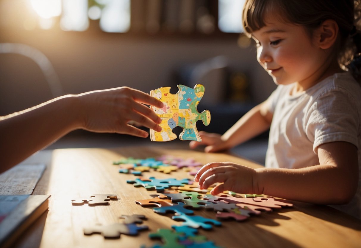 A child's hand reaching out for a puzzle piece, while a parent watches with a smile. A sensory-friendly space with soft lighting and calming colors. A bookshelf filled with diverse books on understanding and embracing unique needs