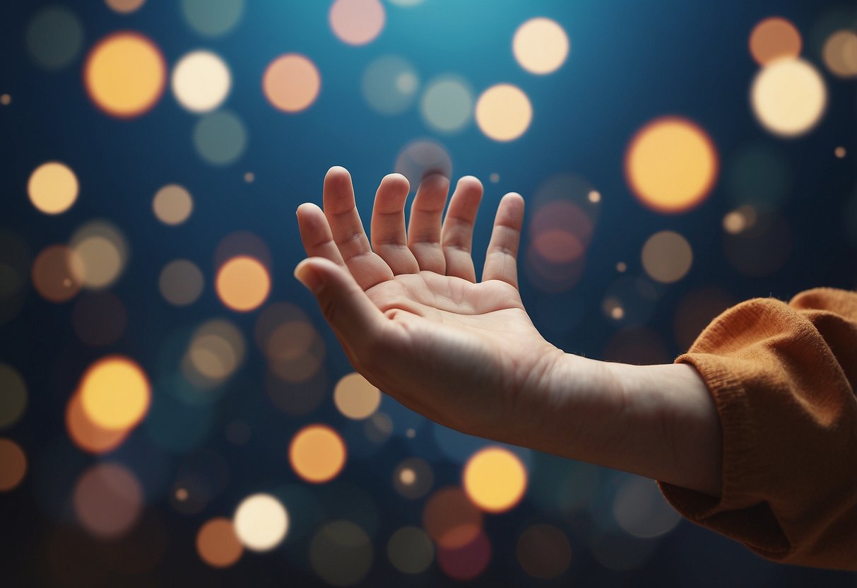 A child's hand reaching out for guidance, surrounded by supportive figures and symbols of understanding and acceptance