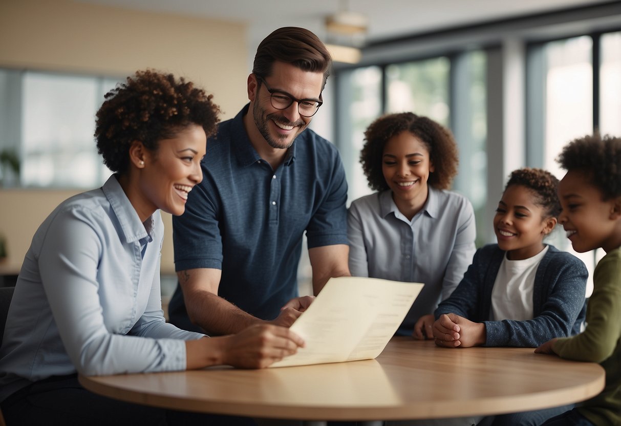 A parent stands beside their child, talking to a group of professionals. The parent holds a paper with the words "8 Ways to Advocate for Your Child After a Special Needs Diagnosis" written on it