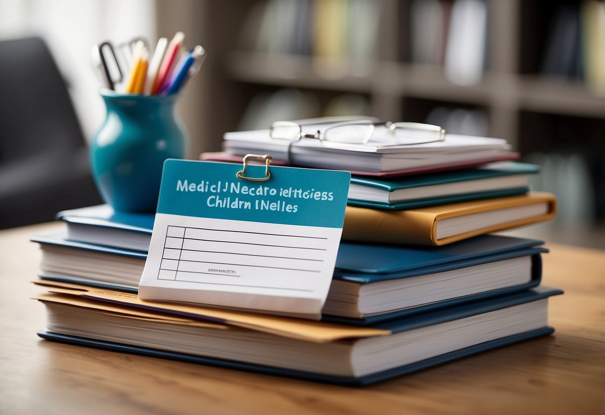 A stack of medical and educational files neatly arranged with a checklist of 8 advocacy strategies for special needs children