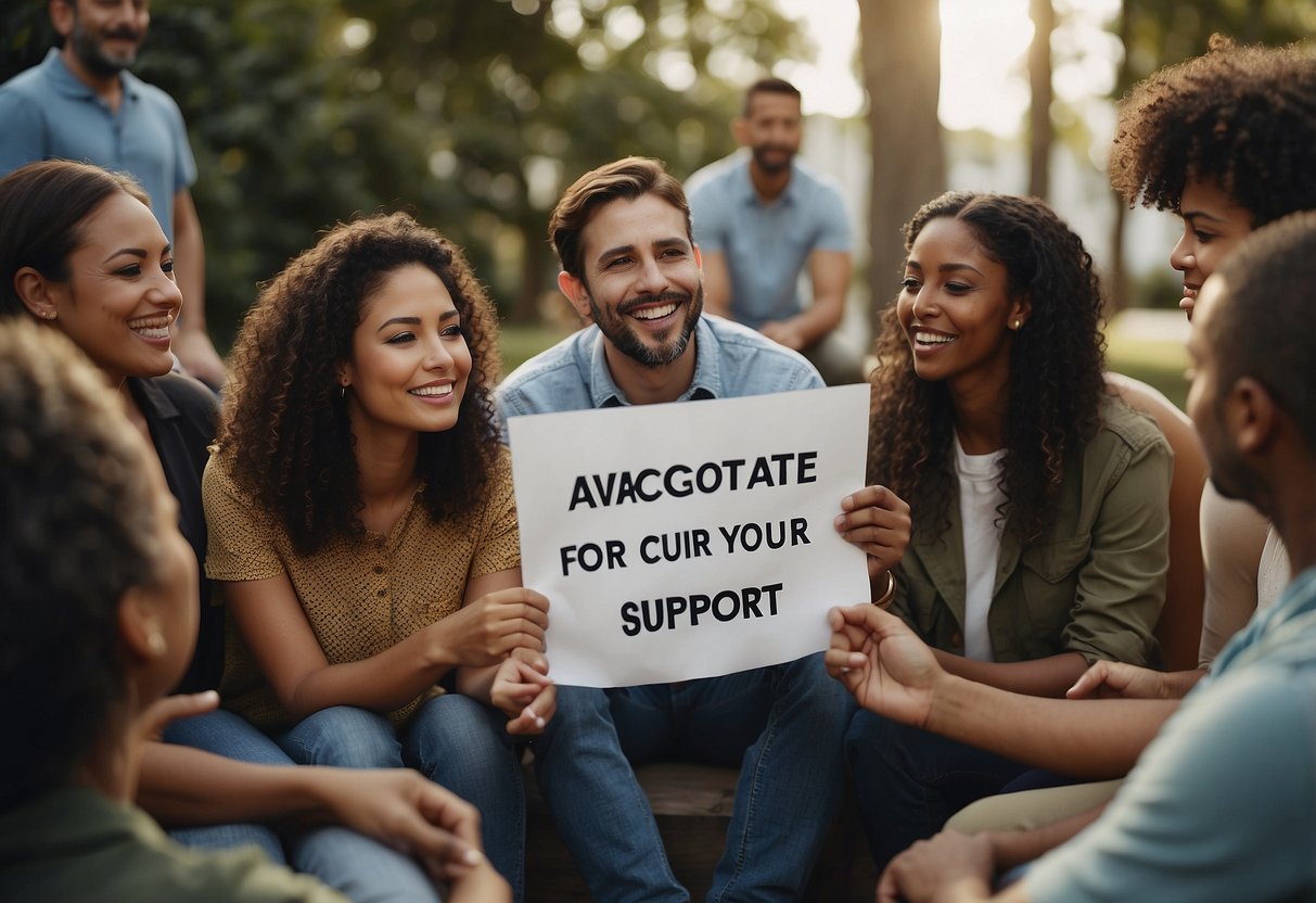 A diverse group of people sit in a circle, sharing their experiences and offering support. A parent stands confidently, holding a sign with the words "Advocate for Your Child" in bold letters