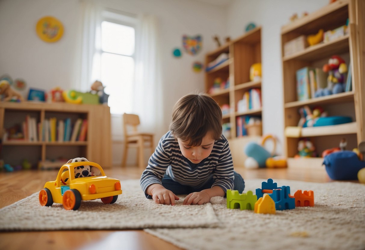 A child's room with toys scattered on the floor, a bookshelf filled with child development books, a calendar with appointments, and a worried parent looking at a checklist of developmental milestones