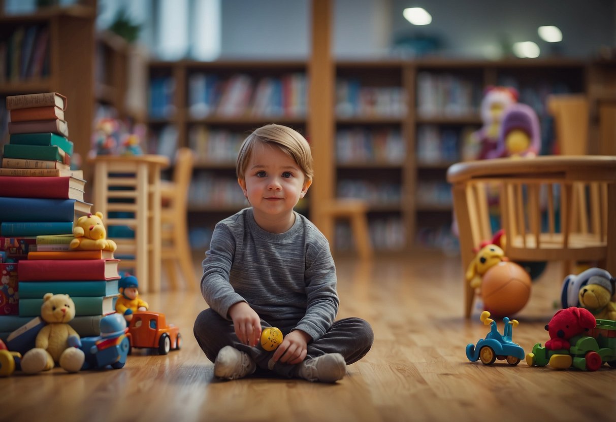 A child sitting alone, surrounded by toys and books, while other children play together. Empty chairs and a quiet atmosphere indicate a lack of interest in social interactions