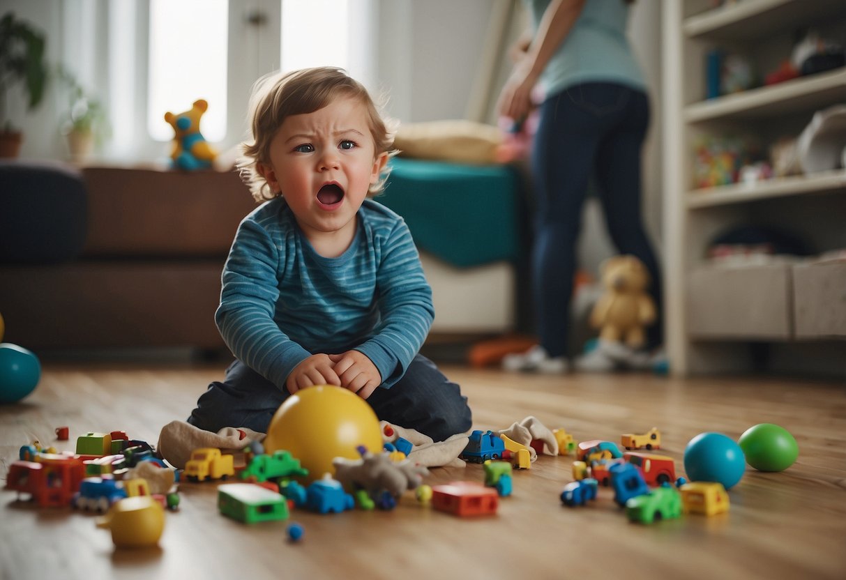 A child throwing a tantrum, surrounded by scattered toys and objects, while a frustrated parent looks on with concern