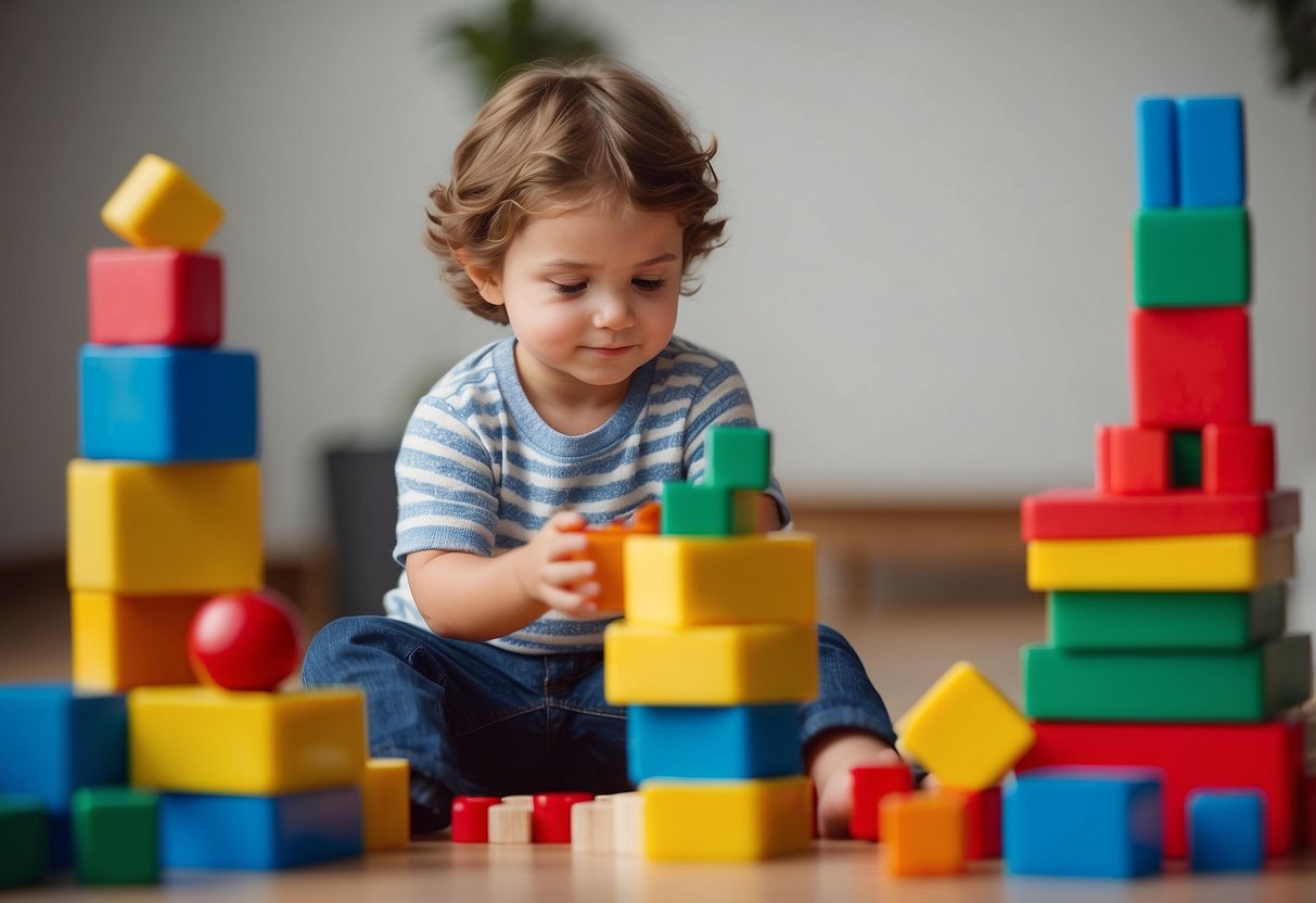 A child attempts to stack blocks but struggles to keep them balanced, showing signs of coordination difficulties