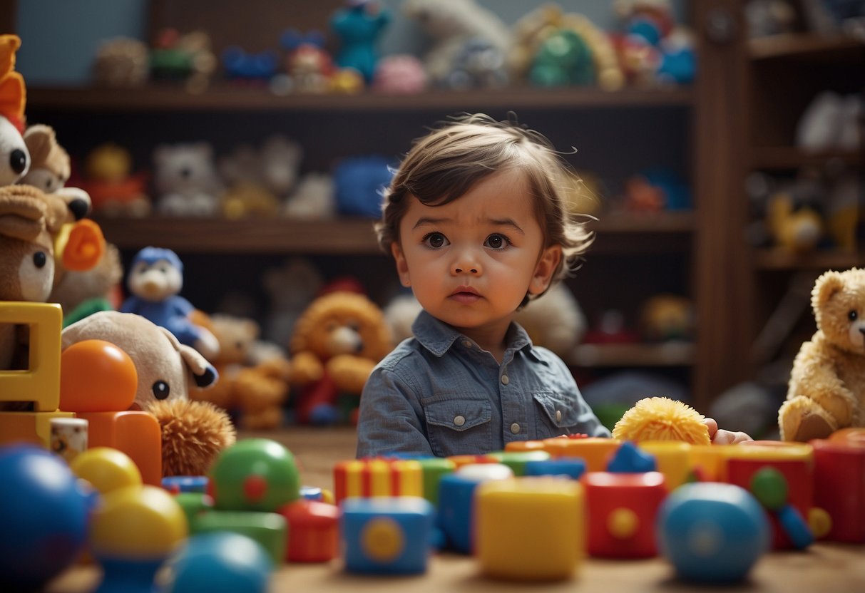 A child surrounded by toys, pointing at objects but unable to verbalize needs. Frustrated facial expression, lack of eye contact, and repetitive behaviors