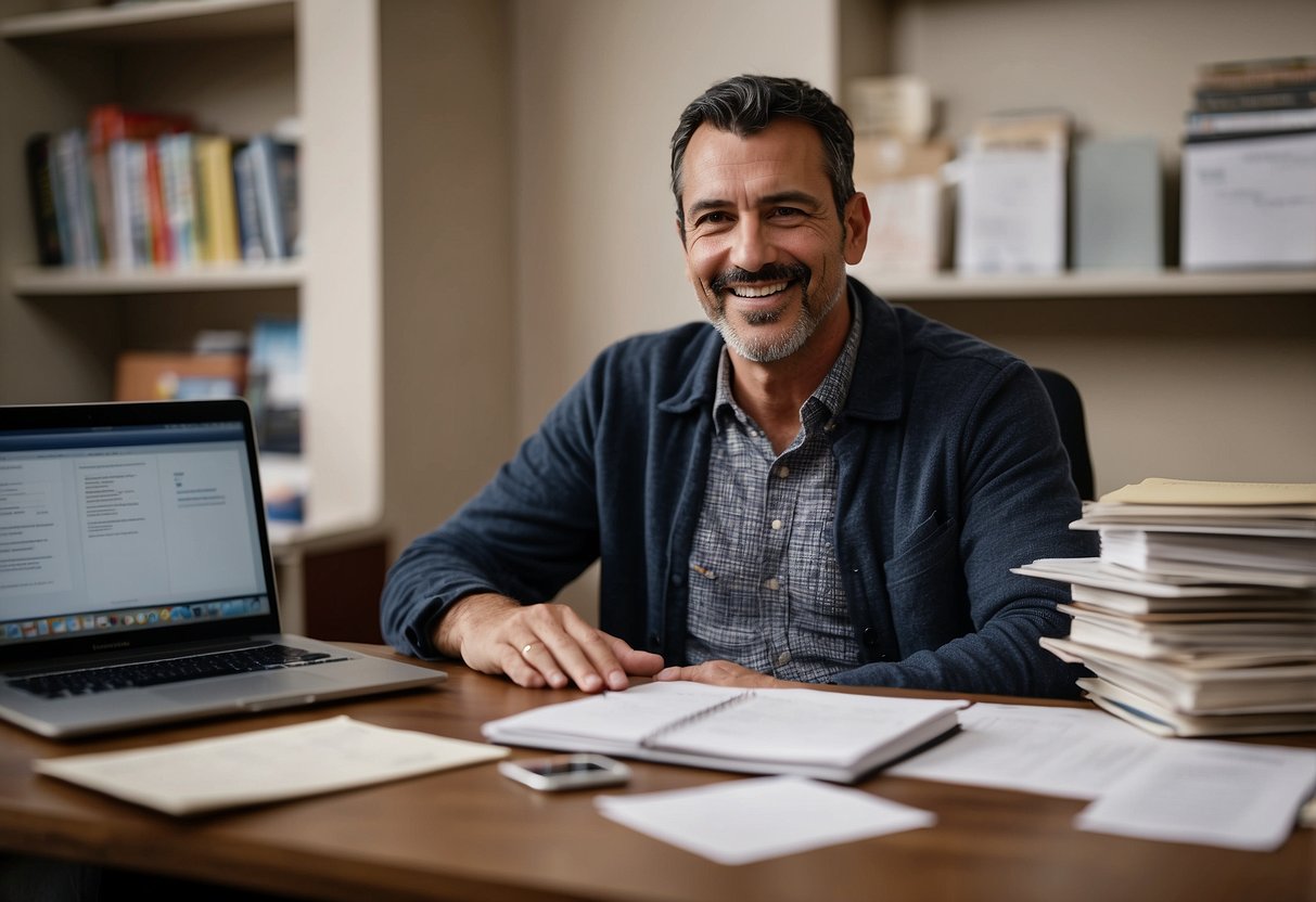 A parent sits at a desk, surrounded by paperwork and a laptop. A stack of books on special needs sits beside them. A calendar with doctor appointments and therapy sessions is pinned to the wall