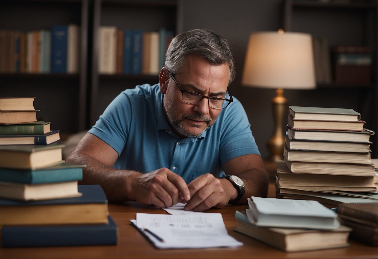 A parent sits at a desk with papers scattered, a phone in hand, and a concerned expression. A stack of books on special needs sits nearby, along with a notepad and pen