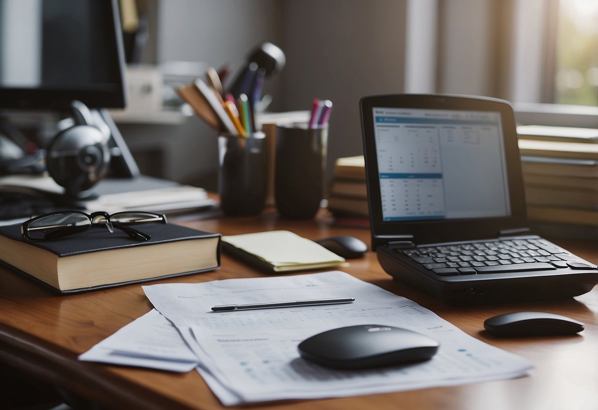 A cluttered desk with scattered papers and folders, a calendar with appointments, and a computer screen displaying a list of tips for navigating a special needs diagnosis