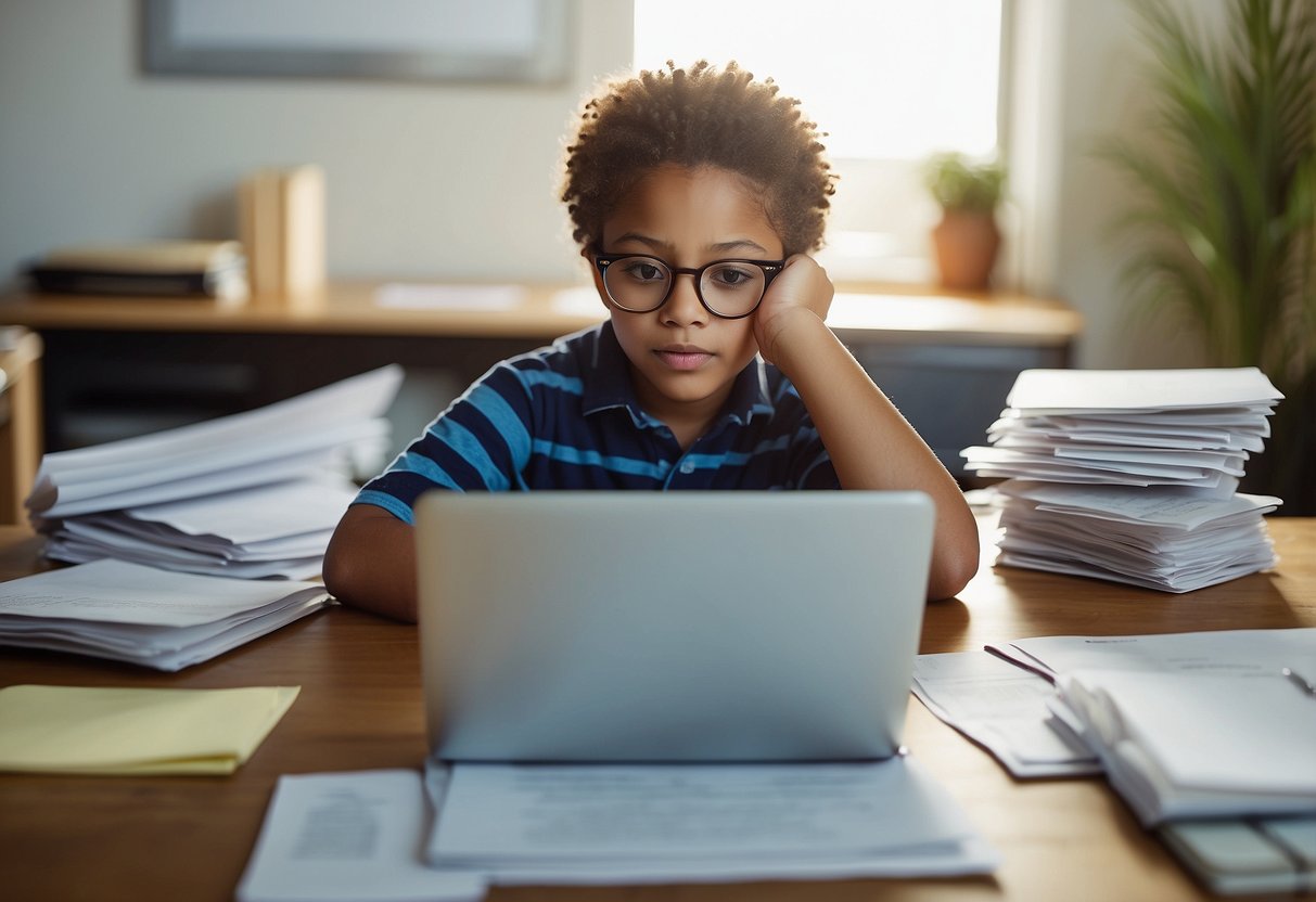 A parent sits at a desk surrounded by papers and a laptop, researching financial assistance options for their child's special needs diagnosis. They appear focused and determined to navigate the early stages of their journey