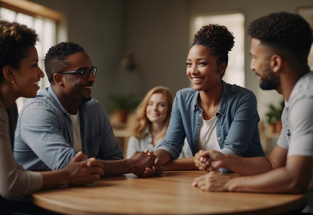 A group of diverse individuals gather in a circle, offering support and understanding to a parent receiving a special needs diagnosis for their child. The atmosphere is warm and comforting, with open communication and empathy evident in the interactions