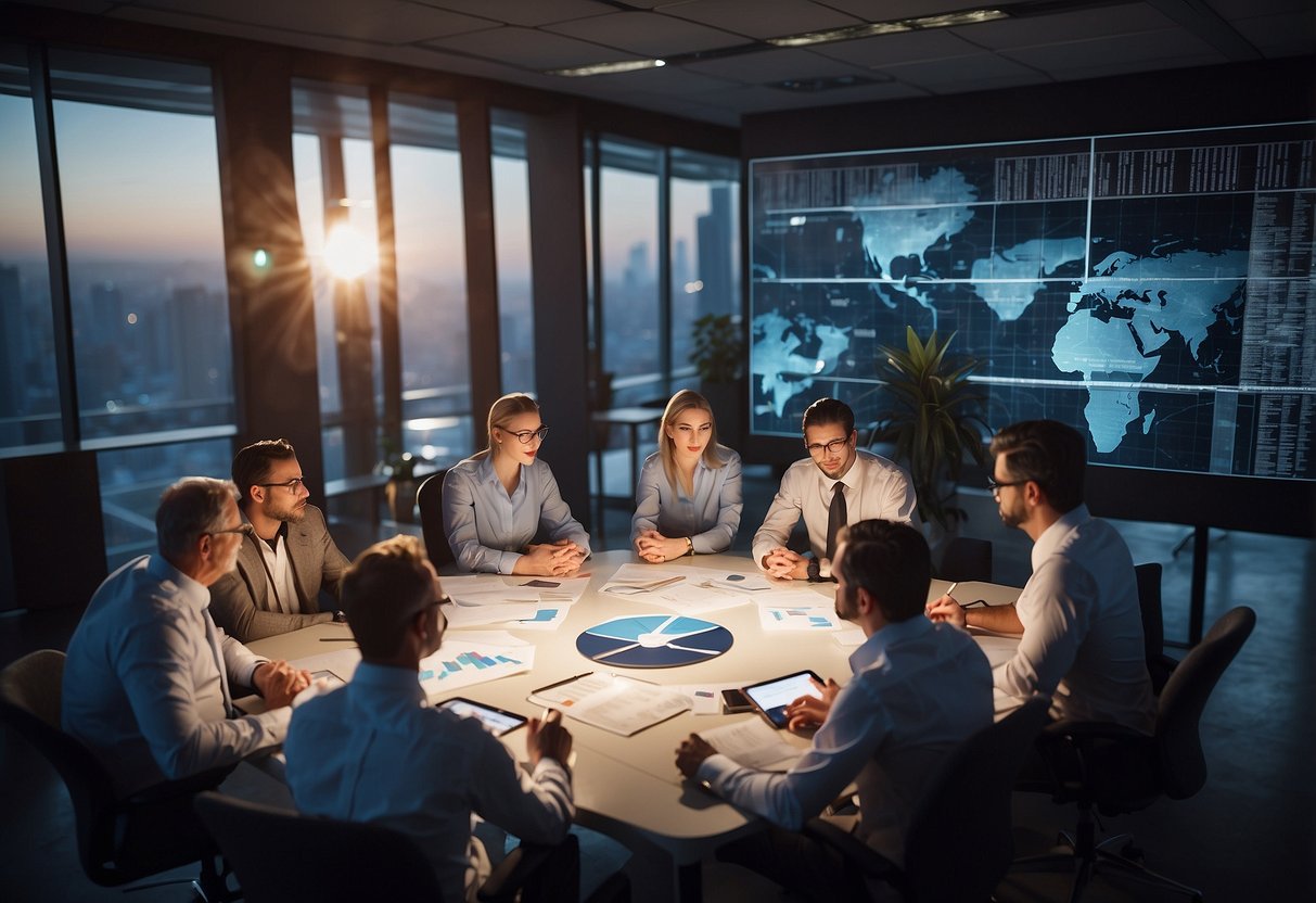 A group of specialists gathered around a table, discussing and sharing ideas. Charts and graphs are spread out, while books and research papers are stacked nearby. The atmosphere is focused and collaborative