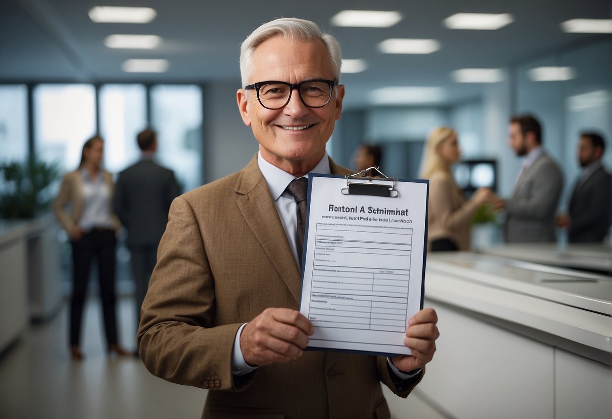 A parent holding a checklist of credentials while standing in front of a row of specialists' offices, each with a sign displaying their expertise