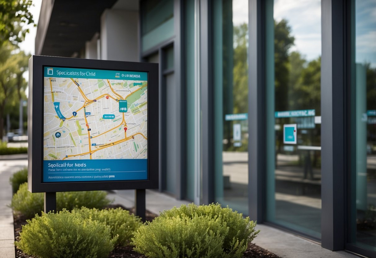 A colorful sign with "Specialists for Your Child's Needs" hangs outside a modern building. A map on the wall shows various locations. A computer screen displays availability