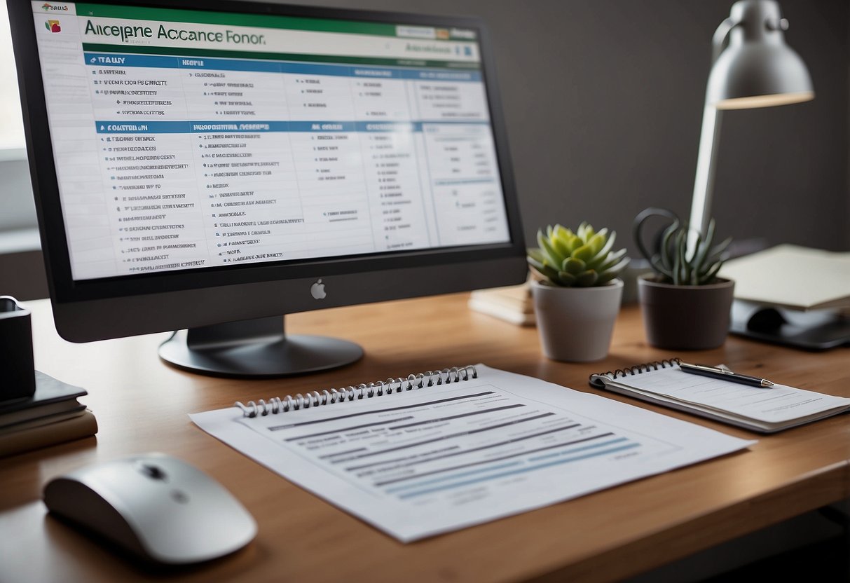 A desk with a computer and a stack of papers labeled "Insurance Acceptance" and "Specialists for Your Child's Needs." A checklist with 10 tips is pinned to the wall