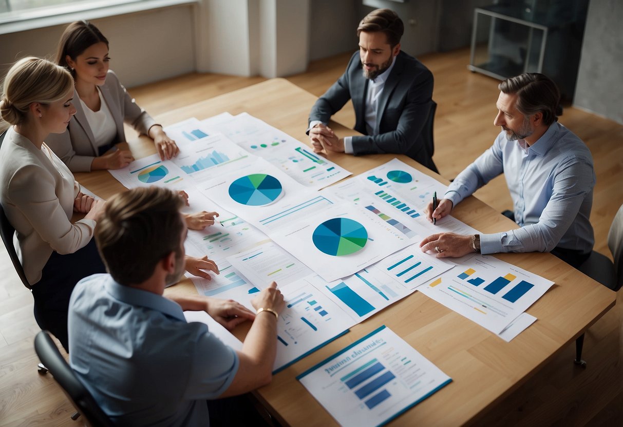 A group of specialists gathered around a table, discussing and evaluating different treatment approaches for a child. Charts and graphs are spread out, and everyone is engaged in the conversation