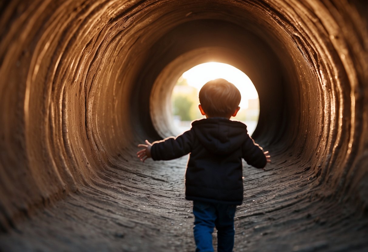 A child's hand reaches for a bright light at the end of a tunnel, surrounded by supportive figures offering guidance and assistance