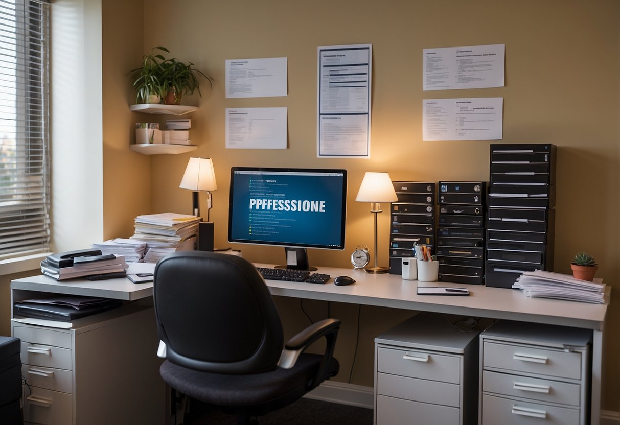 A desk with a computer displaying a provider directory, surrounded by files and folders labeled with different healthcare providers' names