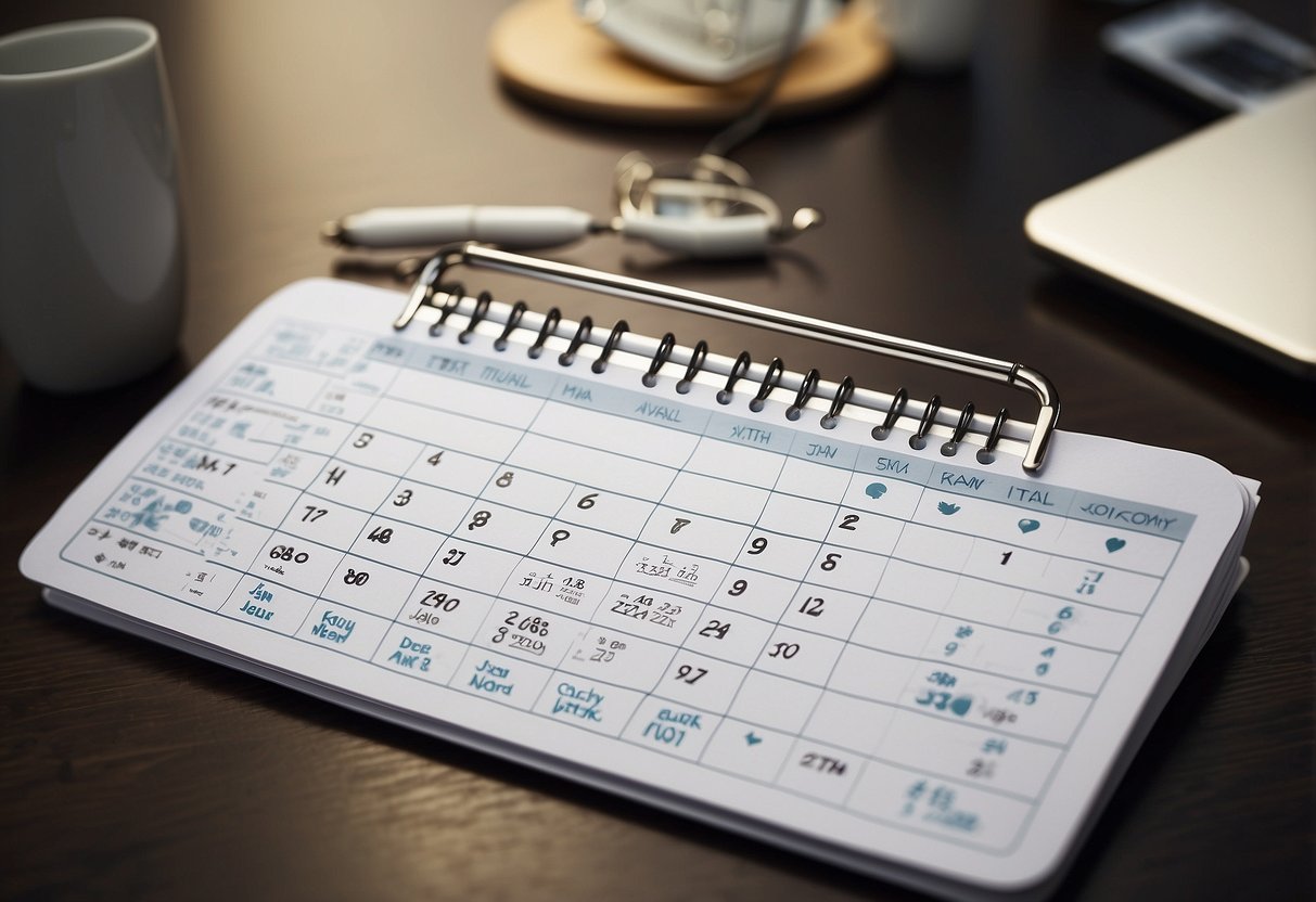 A desk calendar with labeled appointments for different healthcare providers, a phone with reminders, and a notebook for tracking notes and questions