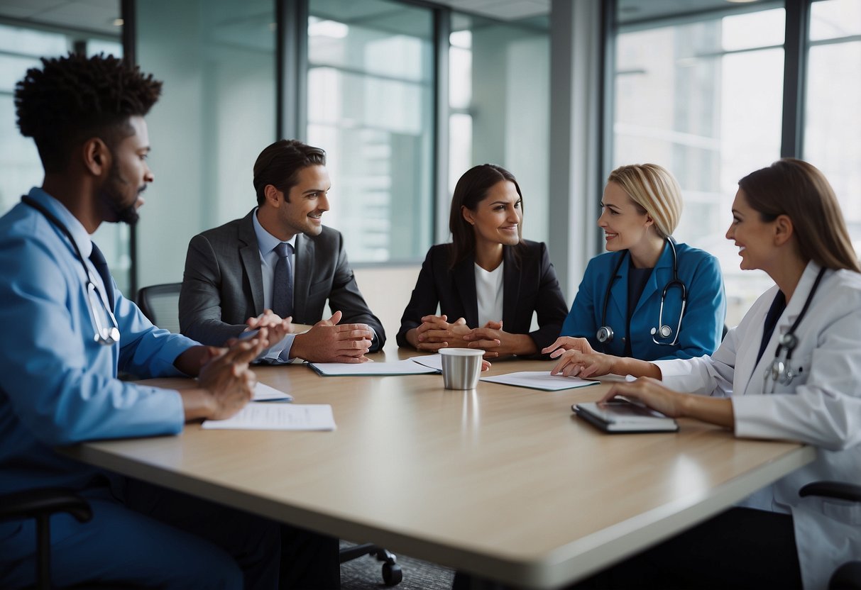 A group of healthcare providers gather around a table, each with a different specialty. They are engaged in discussion, sharing information and collaborating on patient care