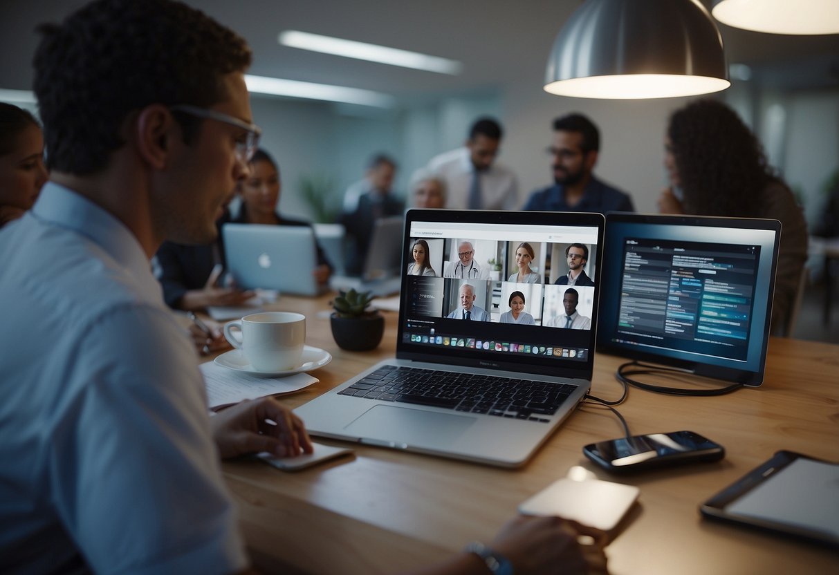 Multiple providers collaborate in a virtual meeting, sharing patient information and treatment plans. Digital devices and medical records are visible, emphasizing communication and coordination