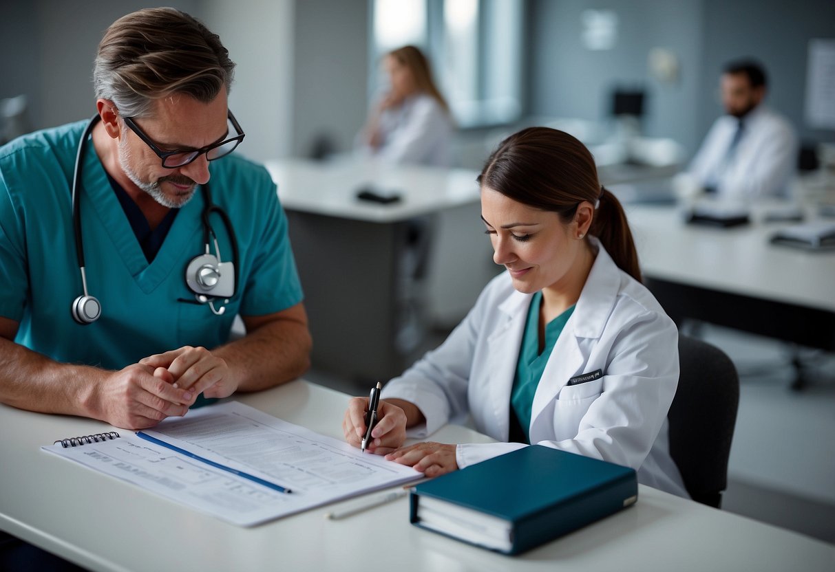 A doctor and nurse work together, reviewing charts, consulting with specialists, and coordinating appointments to ensure comprehensive care for a child