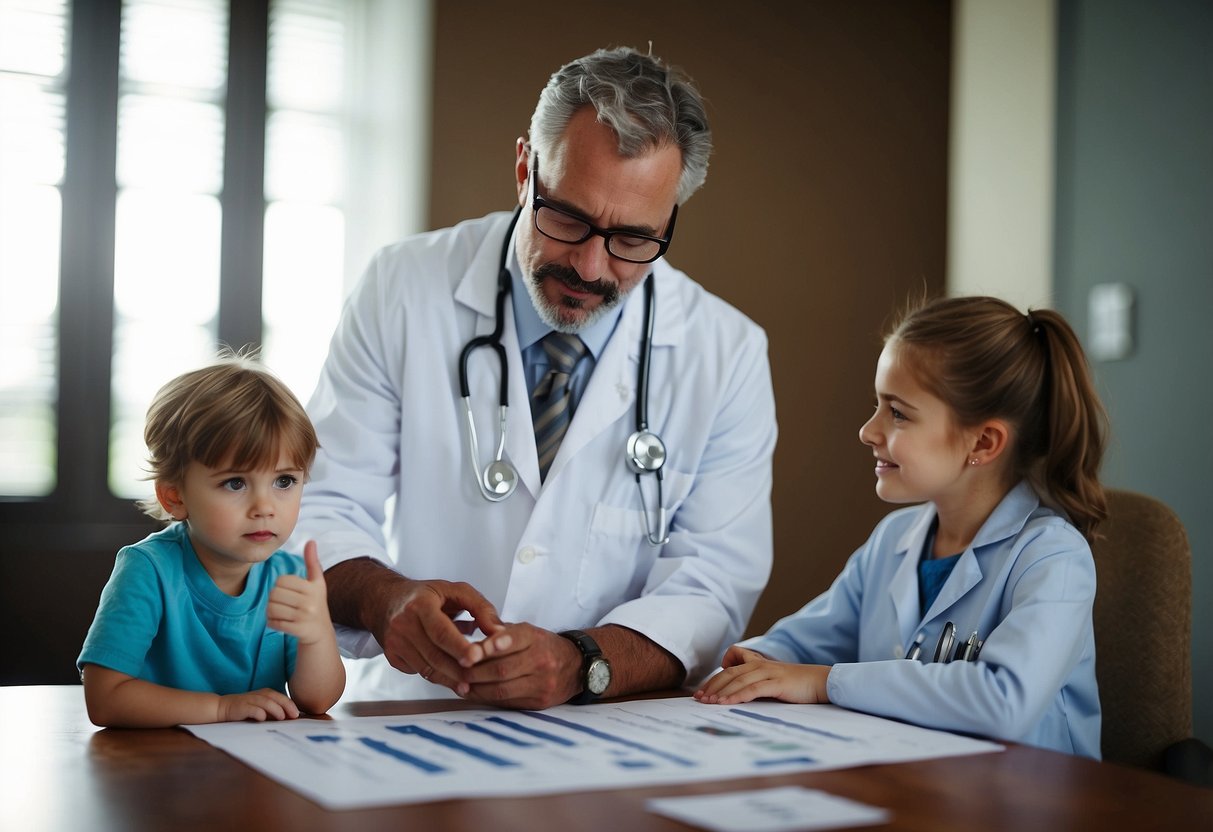 A doctor discussing a child's medical condition with parents, using a chart and pointing to key details