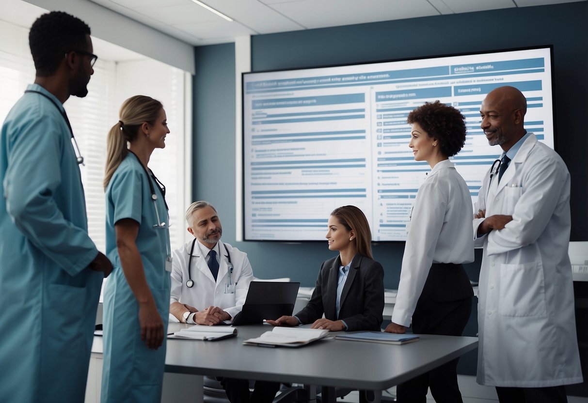 A group of medical professionals discussing treatment options for a child, with a list of 8 questions displayed on a screen or printed out