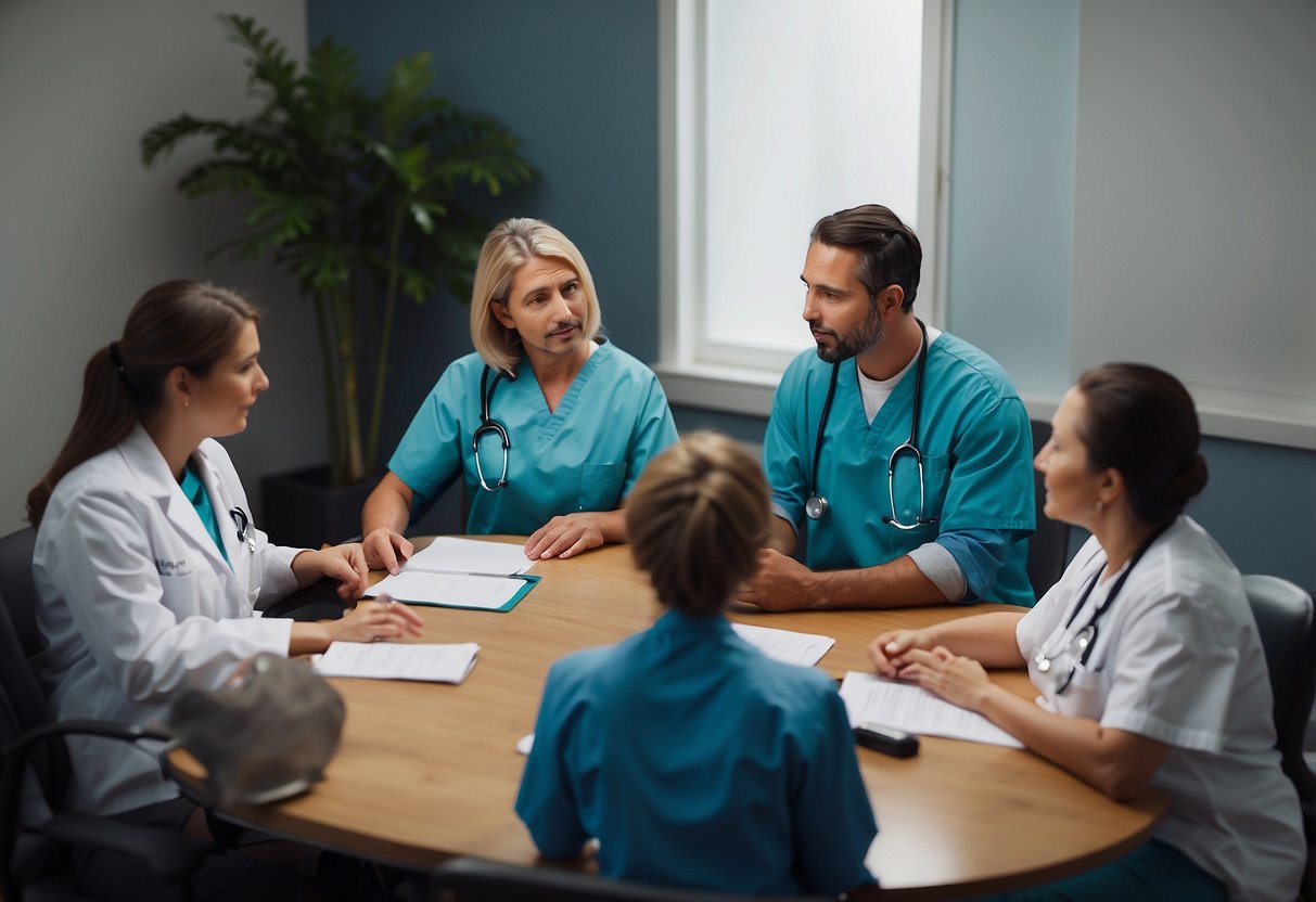 A parent sitting across from a medical team, asking about treatment side effects. The team responds, discussing potential risks and answering the parent's questions