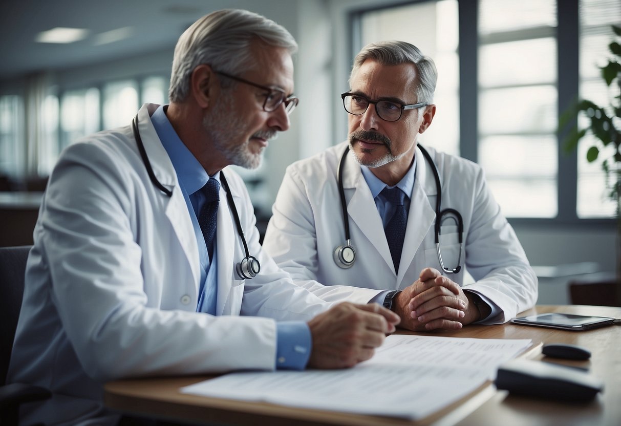 A doctor and a parent discussing lifestyle changes in a medical office. Medical charts and a list of 8 questions are on the table