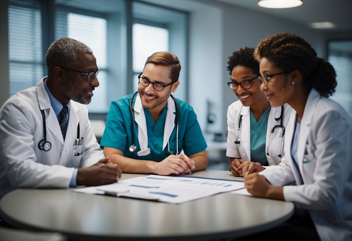 A group of medical professionals gathered around a table, discussing and collaborating on a care plan for a child. Charts and medical equipment are visible in the background