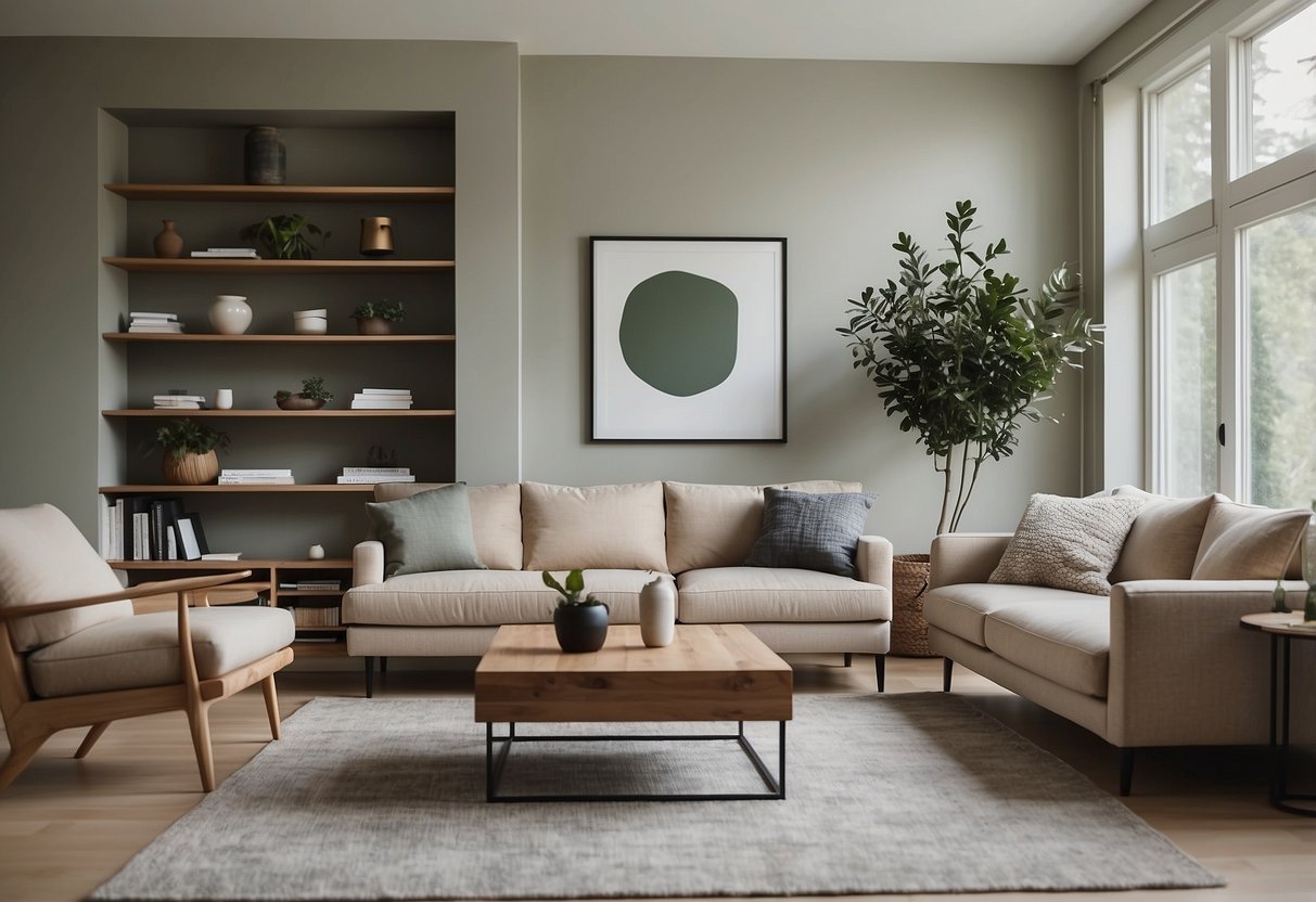 A serene, clutter-free living room with minimalistic furniture and soft, natural lighting. A calming color palette and organized shelves create a sense of order and simplicity