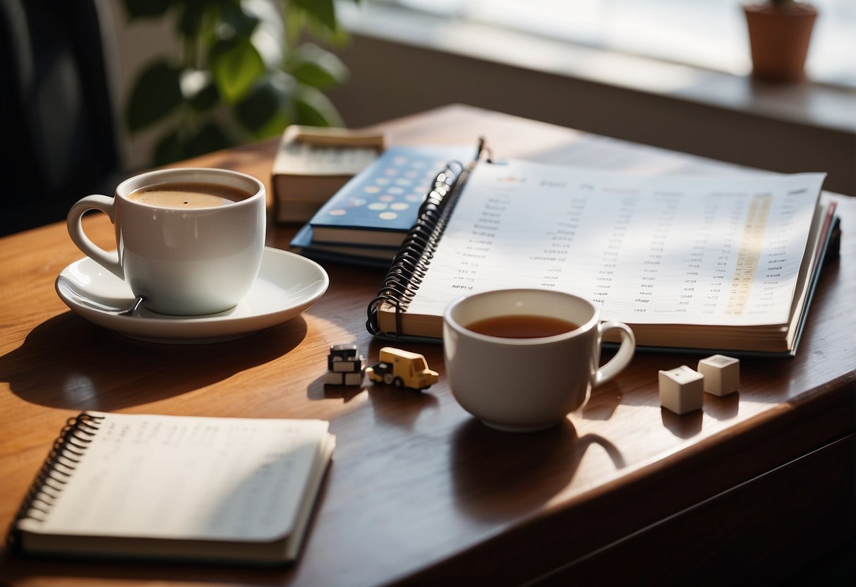 A table with a daily planner, a cup of coffee, a child's sensory toys, a book about parenting, and a calendar on the wall