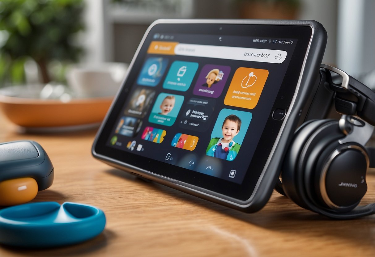 Assistive technology aids in daily tasks for parents of children with special needs. A tablet with communication app, a sensory-friendly smart home, a specialized stroller, a custom wheelchair, and a noise-canceling headphones are visible