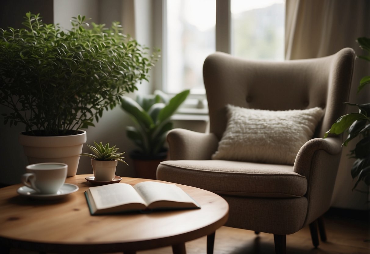 A serene setting with a cozy armchair, a warm cup of tea, a journal, a potted plant, and soft lighting, creating a peaceful atmosphere for self-care