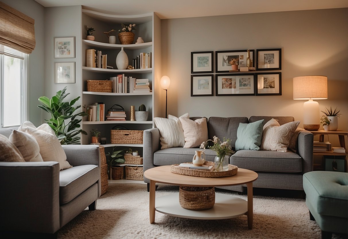 A cozy living room with soft, warm lighting. A bookshelf filled with resources on parenting a child with special needs. Comfortable seating and a calming color palette. A peaceful atmosphere with uplifting quotes and affirmations displayed on the walls