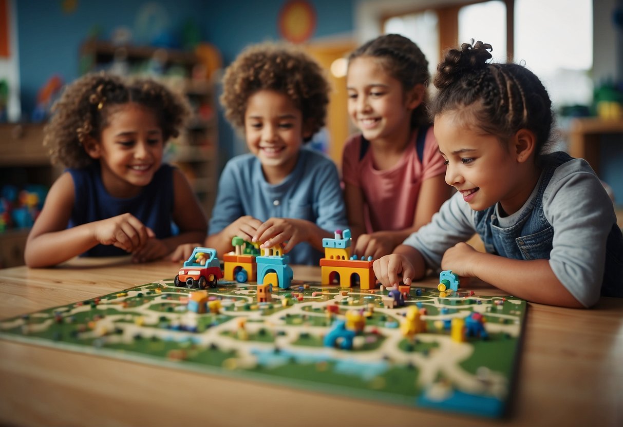 A group of diverse children playing together, each engaged in different activities. Some are reading, others playing with toys, and a few are working on a puzzle. The scene is harmonious and balanced, with all the children's needs being met