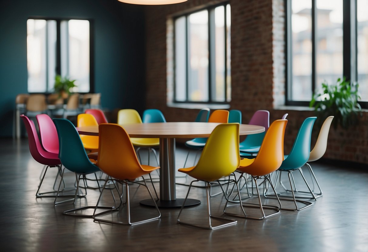 A table with 8 colorful chairs arranged in a circle, each chair representing a different child's needs. A clock on the wall shows the time for one-on-one sessions