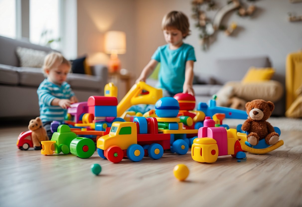 A group of children's toys scattered across a living room floor, each representing a different responsibility or need, creating a sense of balance and harmony