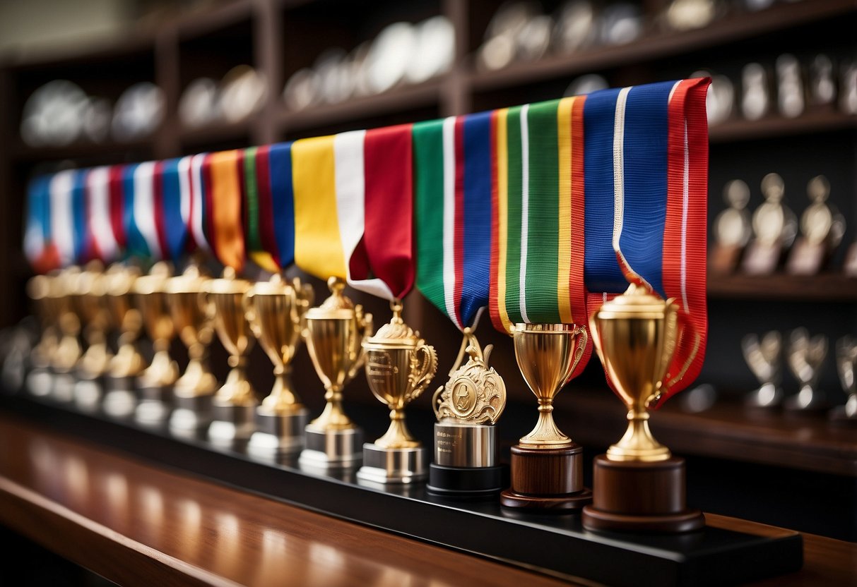 A group of different sized and shaped trophies are displayed on a shelf, each representing a different achievement. Ribbons and medals hang nearby, symbolizing individual successes