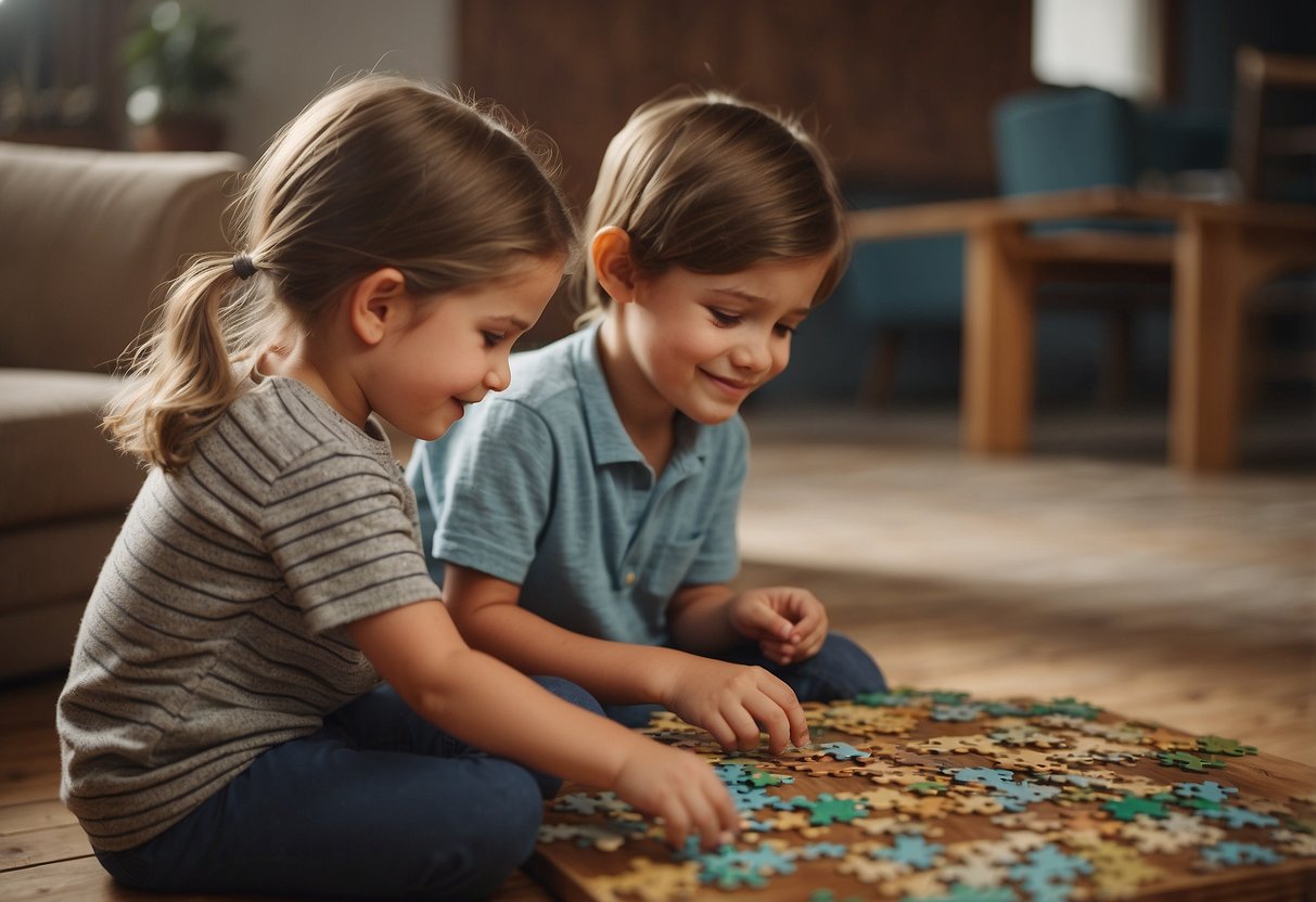 Siblings working together on a puzzle, sharing and taking turns. A parent offering guidance and support. A harmonious and cooperative atmosphere