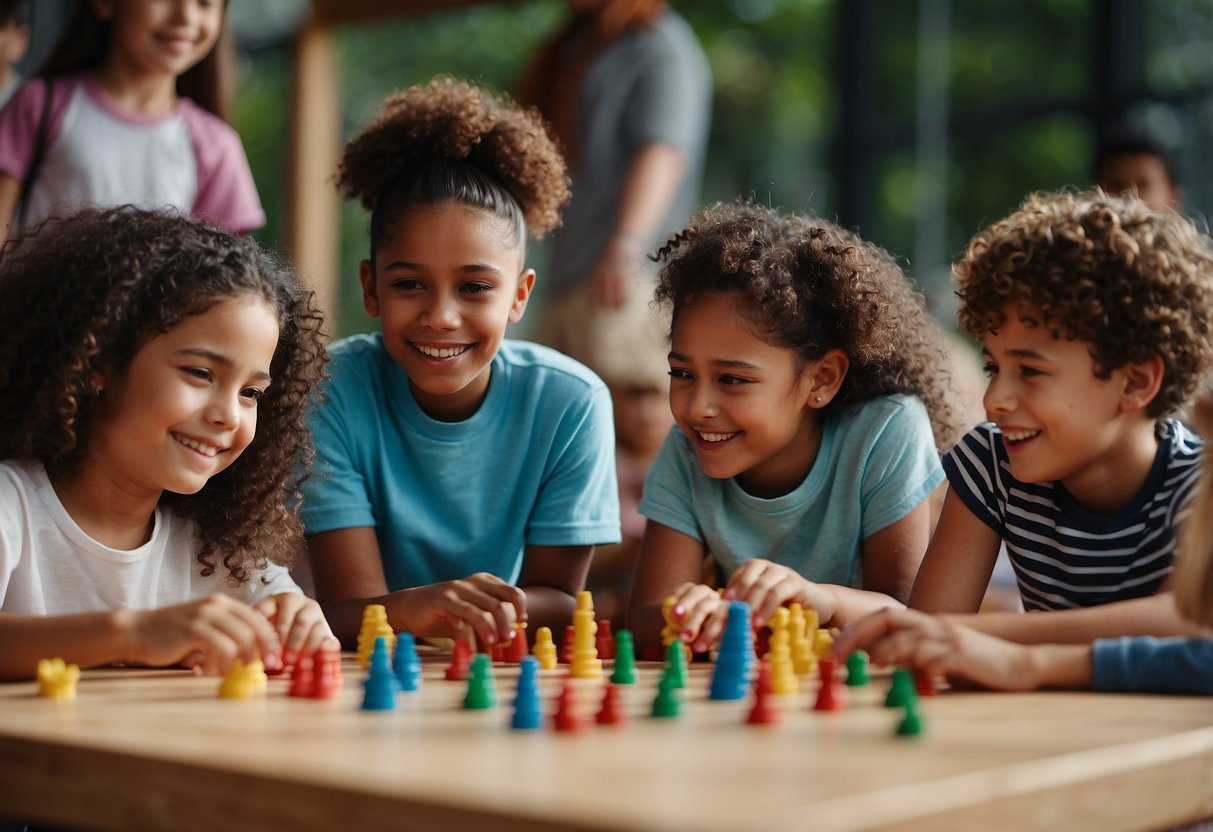 A diverse group of children engaged in various activities, with some receiving individual attention while others participate in group activities. Each child's unique needs are being addressed, creating a balanced and inclusive environment