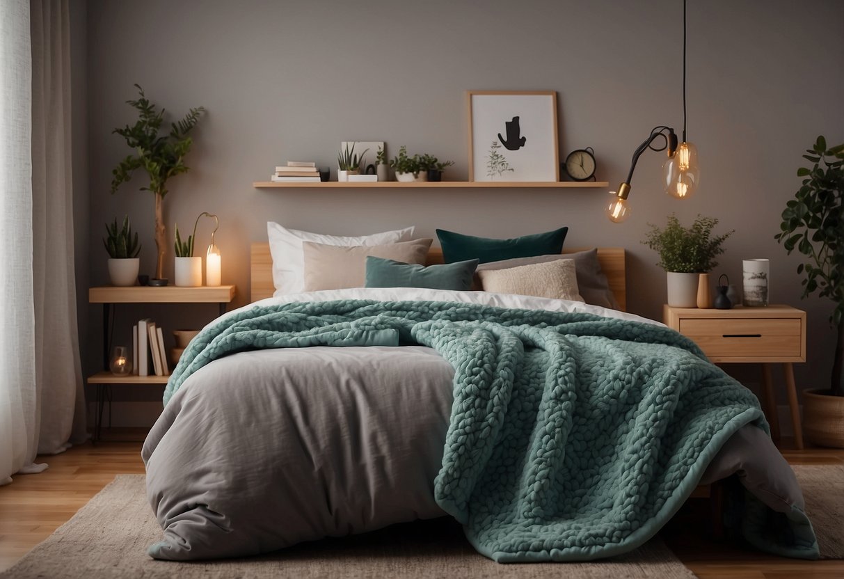 A cozy bedroom with a neatly made bed featuring a YnM weighted blanket. A shelf holds various tools and gadgets for special needs families