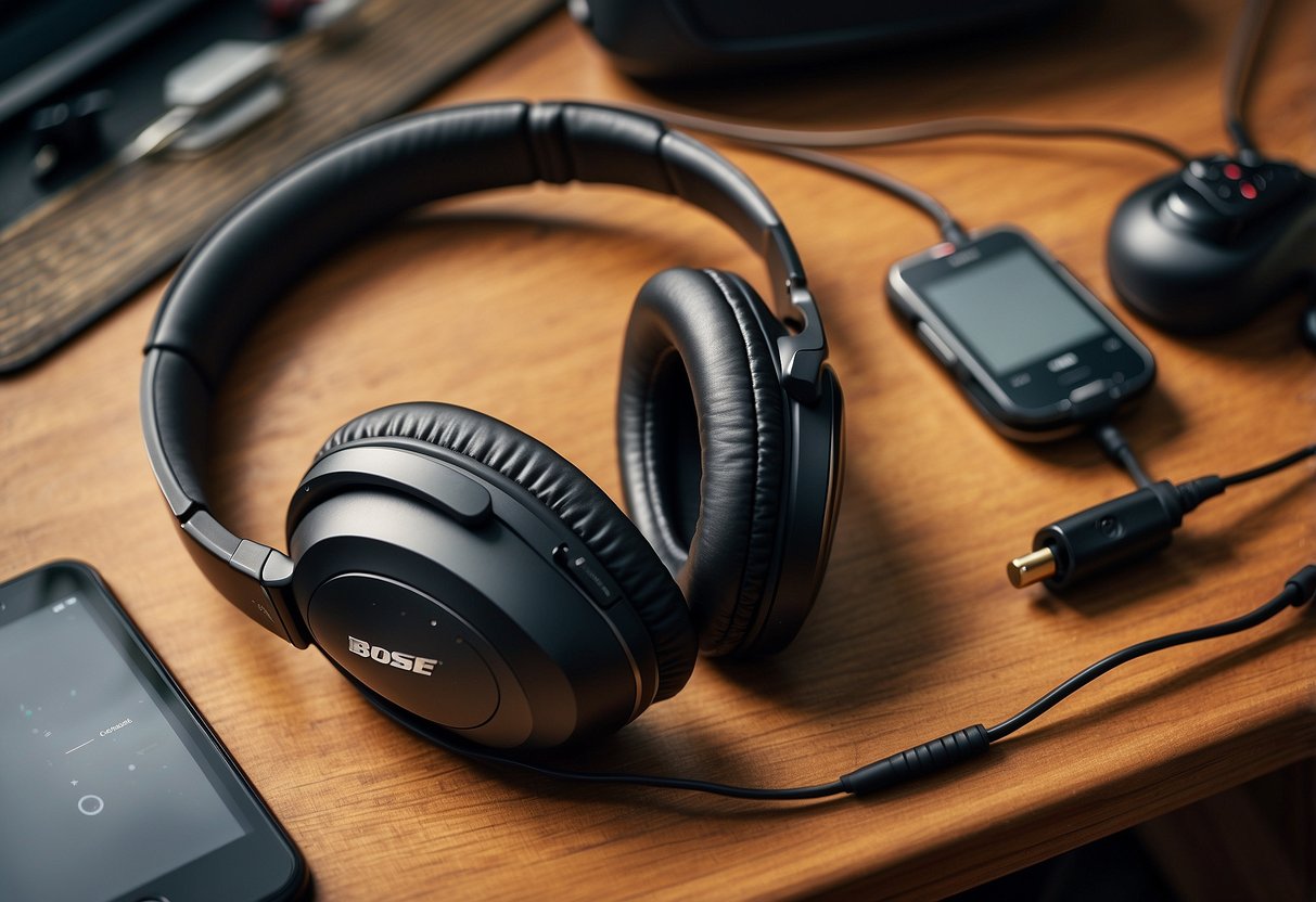 A pair of Bose noise-canceling headphones sits on a table, surrounded by various gadgets and tools for special needs families