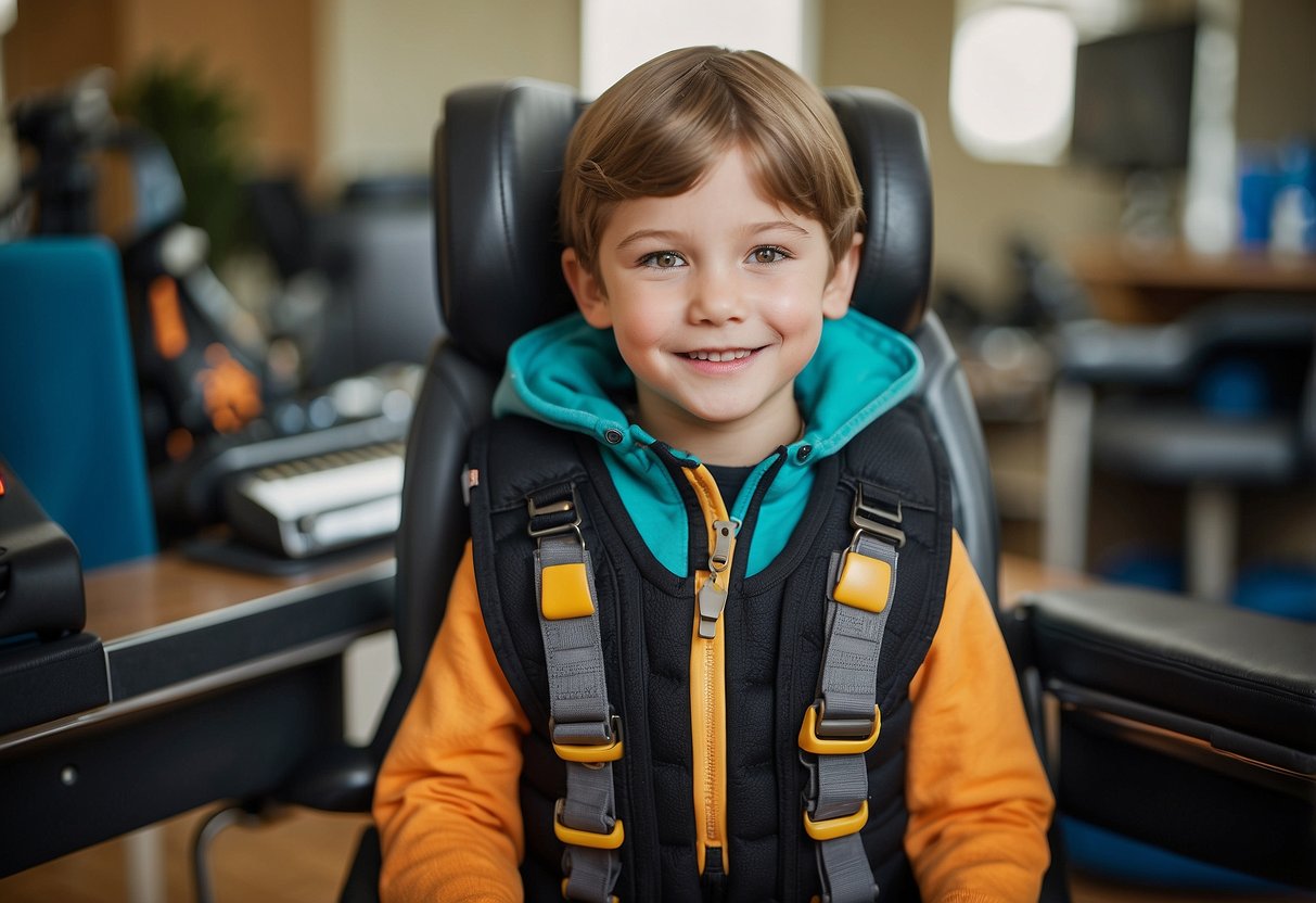 A child wearing a Sensory Compression Vest by Fun and Function, surrounded by various tools and gadgets for special needs families