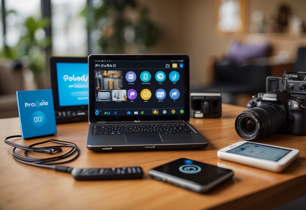 A communication device, Proloquo2Go 10, sits on a table surrounded by various tools and gadgets for special needs families